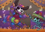 2023 american_mythology anthro belly bone candle chupacabra clothing denatured_albumin_(character) denaturedalbumin duo ghost halloween hat headgear headwear holidays male mammal mouse murid murine mythology rodent simple_background skeleton spirit