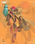  1girl arm_cannon armor assault_visor brown_cloak cloak edwin_huang full_body green-tinted_eyewear helmet metroid orange_background power_armor red_helmet samus_aran solo_focus tinted_eyewear weapon 
