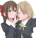  2girls black_jacket blue_eyes blush bow brown_hair closed_eyes collared_shirt commentary grin hair_between_eyes hair_bow half-heart_hands hand_on_another&#039;s_waist haruruhaharur heads_together highres jacket long_hair looking_at_viewer love_live! love_live!_nijigasaki_high_school_idol_club multiple_girls nakasu_kasumi neck_ribbon nijigasaki_school_uniform osaka_shizuku red_bow ribbon school_uniform shirt short_hair sidelocks simple_background smile symbol-only_commentary upper_body white_background white_shirt yuri 