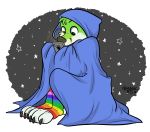  absurd_res anthro bedding black_body black_claws black_fur black_nose blanket canid canine claws clothing fidget_(character) fox fox_tail fur green_body green_eyes green_fur hi_res legwear male mammal multicolored_clothing multicolored_legwear multicolored_socks nails night pawpads paws phone rainbow_clothing rainbow_legwear rainbow_socks signature simple_background socks solo star strawbear texting white_background 