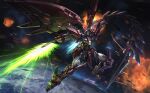  absurdres artist_logo blurry blurry_background commentary debris earth_(planet) electricity energy_sword english_commentary exhaust explosion full_body glowing glowing_eyes green_eyes gundam gundam_epyon gundam_wing highres holding holding_sword holding_weapon logo mecha mecha_focus mechanical_wings mobile_suit no_humans outstretched_arms planet porukima robot science_fiction solo space spread_arms star_(sky) sword v-fin weapon whip wings 