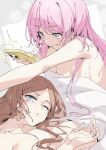  2girls absurdres bang_dream! bang_dream!_it&#039;s_mygo!!!!! blue_eyes brown_hair cellphone chihaya_anon fang grin hickey highres indoors lap_pillow long_hair looking_at_phone multiple_girls nagasaki_soyo nude one_eye_closed phone pink_hair shanyao_jiang_tororo smartphone smile sparkle under_covers yuri 