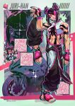  1girl anklet baggy_pants black_collar black_gloves black_hair black_pants blue_nails bracelet breasts candy character_name chibi collar datcravat diagonal_bangs fingerless_gloves food full_body gloves hair_horns hair_over_one_eye han_juri highres jewelry lollipop looking_at_viewer medium_breasts midriff motor_vehicle motorcycle multicolored_hair multiple_views muscular muscular_female nail_polish navel pants pink_eyes pink_hair pink_lips spiked_anklet spiked_bracelet spiked_collar spikes streaked_hair street_fighter street_fighter_iv_(series) toenails two-tone_hair 