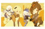  1boy 3girls aether_(genshin_impact) ahoge black_bow black_gloves black_ribbon blonde_hair blue_hair blue_shirt bow brown_hair chiori_(genshin_impact) closed_eyes closed_mouth commentary crossdressing dress embarrassed english_commentary flower flying frown furina_(genshin_impact) genshin_impact gloves hair_bow hair_flower hair_ornament hair_stick highres ibispaint_(medium) japanese_clothes kimono long_hair long_sleeves minecraft multicolored_hair multiple_girls open_mouth paimon_(genshin_impact) red_eyes red_flower ribbon robe shirt short_hair sidelocks smile teeth the_aether_(minecraft) trap upper_teeth_only white_dress white_hair white_robe white_shirt yayo_the_jowen yellow_kimono 