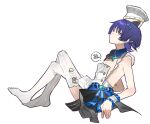  1boy a_maya_xxx alternate_costume alternate_headwear apron aqua_gemstone aqua_ribbon armpit_crease arms_at_sides black_skirt blue_bow blue_collar blunt_ends bow chef_hat closed_mouth collar cosplay crossdressing crossed_legs detached_collar empty_eyes escoffier_(genshin_impact) escoffier_(genshin_impact)_(cosplay) from_side full_body gem genshin_impact hair_ornament hair_ribbon hat heart heart_hair_ornament light_blush looking_at_viewer male_focus nipples purple_eyes purple_hair ribbon scaramouche_(genshin_impact) skirt solo speech_bubble sweat thighhighs toque_blanche translation_request white_apron white_background white_hat white_thighhighs wispy_bangs wrist_cuffs 
