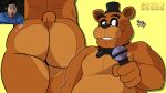 2025 absurd_res anthro artist_name bear belly big_butt bodily_fluids bow_tie bubble_butt butt clothing duo electronics eyebrows five_nights_at_freddy&#039;s freddy_(fnaf) fur geebzsneebz hat headgear headwear hi_res holding_microphone holding_object human humor male mammal markiplier meme microphone musclegut muscular muscular_anthro muscular_male nude pecs presenting presenting_hindquarters question_mark real scottgames simple_background smile standing sweat teeth text the_bite_of_87 thick_arms thick_thighs top_hat tuft yellow_background