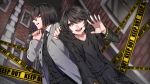  2boys :d black_neckwear black_pants black_vest caution_tape copyright_name dairoku_youhei grey_jacket hand_on_shoulder hand_up highres ikurikaito jacket male_focus multiple_boys necktie neckwear open_mouth outdoors over_shoulder pants purple_eyes silver_eyes smile suitcase vest 