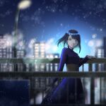  1girl blue_dress blue_eyes blue_hair breasts corset dress gradient_hair grey_corset hand_on_railing highres ju1ywhite kurokawa_akane looking_at_viewer multicolored_hair night oshi_no_ko smile solo 