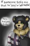  anthro black_body black_fur claws clothing darknetic depression digital_media_(artwork) flannel_shirt fluffy fur green_eyes hi_res inferiority_complex kuma_(darknetic) male mammal message neck_tuft self_doubt simple_background solo text theet tonque tuft ursid yellow_body yellow_fur 