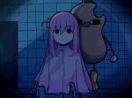  1girl arms_at_sides black_eyes bocchi_the_rock! boots character_request closed_mouth commentary cube_hair_ornament cup empty_eyes english_commentary full_body gotoh_hitori hair_between_eyes hair_ornament highres hito_(maruhito) indoors jacket knee_boots long_hair long_sleeves looking_at_viewer night no_pupils omori open_door pink_hair pink_jacket puffy_long_sleeves puffy_sleeves side_ahoge sidelocks sink straight-on straight_hair tile_wall tiles toothbrush track_jacket turtleneck turtleneck_jacket upper_body vignetting yellow_boots 