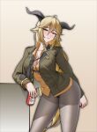  1girl absurdres ahoge alter_kamerade animal_ears arknights beer_can black_horns black_necktie blonde_hair blush breasts brown_background buttons can chinese_commentary cleavage collarbone commentary_request curled_horns degenbrecher_(arknights) drink drink_can gradient_background green_jacket grey_pantyhose hair_between_eyes half-closed_eyes highres holding holding_can holding_drink horns jacket lapels large_breasts leaning leaning_forward long_hair long_sleeves looking_at_viewer necktie no_pants open_clothes open_jacket pantyhose parted_lips shirt solo unbuttoned unbuttoned_jacket undone_necktie very_long_hair yellow_eyes yellow_shirt 