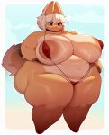anthro areola barefoot berseepon09 big_breasts biped breasts clothed clothing feet female fur hair heart_symbol hi_res made_in_abyss mouth_closed nanachi narehate nipple_outline overweight simple_background skimpy solo standing tail tan_body tan_fur tan_tail thick_thighs white_body white_fur white_hair