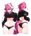  1girl absurdres animal_ears ass ass_visible_through_thighs black_choker black_hoodie black_lace_trim black_panties breasts cat_ears cat_girl cat_tail center-flap_bangs choker closed_mouth cropped_hoodie cropped_legs highres hololive hololive_english hood hoodie lace-trimmed_panties lace_trim large_breasts long_hair long_sleeves looking_at_viewer multicolored_hair multiple_views namiorii navel no_pants panther_ears panther_girl panther_tail panties patreon_username pink_hair raora_panthera simple_background smile stomach streaked_hair tail thigh_gap thighs twitter_username underboob underwear virtual_youtuber white_background white_hair yellow_eyes 