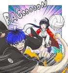  1boy 1girl absurdres ball black_choker black_gloves black_hair black_haori black_thighhighs blue_eyes blue_hair cape chin_piercing choker dougi eye_print eyepatch face_piercing fingerless_gloves gloves hairband haori highres japanese_clothes long_hair magadori_kyoshika martial_arts_belt multicolored_hair official_art omokage_yugamu open_mouth piercing ponytail print_eyepatch purple_background red_cape roots_(hair) short_hair smile stretched_limb surprised the_hundred_line_-last_defense_academy- thighhighs triangle_mouth volleyball volleyball_(object) 