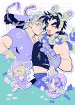  2boys :d absurdres animal_ears animal_hands bare_shoulders battle_tendency black_hair black_shirt blue_eyes blush caesar_anthonio_zeppeli chibi chibi_inset crop_top drawn_flower drop_shadow easter easter_egg egg facial_mark fake_animal_ears flower gloves gogeyama green_eyes green_hair green_shorts grid_background hair_between_eyes hair_ornament headband heart heart_in_mouth highres jojo_no_kimyou_na_bouken joseph_joestar male_focus messy_hair midriff multicolored_scarf multiple_boys muscular muscular_male navel one_eye_closed outline paw_gloves purple_shirt rabbit_ears scarf shirt short_hair shorts smile striped_clothes striped_scarf tight_top white_outline yaoi 