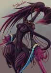2019 4_fingers absurd_res anthro arm_spikes artist_name big_eyes biped black_body black_hair black_skin breasts canid canine claws clothed clothed_anthro clothed_female clothing digital_media_(artwork) dipstick_tail english_description english_text eyelashes female female_anthro finger_claws fingers flower_knight_dakini fox gradient_background grin grinning_at_viewer hair handwritten_text hi_res higanbana_(flower_knight_dakini) highlights_(coloring) hybrid kemono long_neck long_tail mammal markings medium_breasts multicolored_body multicolored_eyes neck_spikes neckwear noseless portrait pose pupils purple_eyelashes purple_highlights purple_markings shaded sharp_teeth sho_shibamoto simple_background slit_pupils small_waist smile snout solo spikes spikes_(anatomy) spread_arms standing tail tail_markings teeth text thick_thighs three-quarter_portrait three-quarter_view thunder_beast_(flower_knight_dakini) topwear wide_hips yellow_eyes yellow_sclera