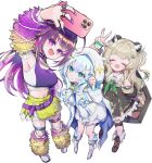  3girls amatsuna_sasaha animal_ears armpits black_boots black_dress blonde_hair blue_eyes blue_hair boots breasts cellphone choker cloak closed_eyes detached_sleeves double_w dress full_body fur_sleeves highres holding holding_phone hood hood_up hooded_cloak jewelry kasukane_shino kuzuhana long_hair medium_breasts midriff multiple_girls nanashi_inc. navel necklace non-web_source open_mouth panda_ears panda_girl phone pleated_skirt purple_choker purple_eyes purple_hair purple_sleeves purple_sports_bra selfie shield shield_on_back shoes simple_background skirt smartphone smile sports_bra standing thigh_strap transparent_background uruwashi_ririri virtual_youtuber w white_boots white_cloak white_dress white_shoes yellow_skirt 