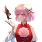  1girl absurdres animal bandaged_arm bandages bangs bird bun_cover chinese_clothes collar double_bun flower highres ibaraki_kasen layered_clothing lips looking_at_viewer oni open_hand pink_eyes pink_flower pink_hair puffy_sleeves red_ribbon ribbon rose short_hair short_sleeves sideways_glance solo tied_sleeves touhou xianjian_lingluan 