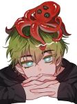  1boy 3yuseong3 aged_down animal black_hoodie black_sclera blue_eyes colored_eyelashes colored_sclera extra_eyes green_eyes green_hair highres hood hoodie lo_po_bia_traumerei long_sleeves looking_at_viewer octopus original own_hands_together short_hair solo tentacles tower_of_god translation_request white_background 
