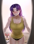  1girl :/ artist_name ass bare_arms bare_shoulders beer_can bird black_panties blush breasts brown_eyes can collarbone commentary_request covered_navel curtained_hair doorway drink_can earrings easonx highres jewelry katsuragi_misato large_breasts legs long_hair looking_at_viewer neon_genesis_evangelion opening_door panties parted_bangs penguin penpen pov_doorway purple_hair solo_focus standing stud_earrings tank_top thighs underwear yellow_tank_top 