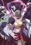  2girls angel_and_devil angewomon black_bodysuit blonde_hair blood blood_on_arm blood_on_mask bloody_wings bodysuit boobplate breasts chain cleavage clothing_cutout colored_skin commission covered_eyes digimon digimon_(creature) dildo evolutionary_line feathered_wings feathers futa_yuri_ryona grey_hair grey_skin helmet helmet_over_eyes highres ladydevimon large_breasts long_hair mask multiple_girls navel nefertimon pink_lips restrained ryona sex_toy stitches stomach_cutout unworn_mask white_bodysuit white_feathers white_wings winged_helmet wings 