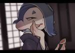  1girl blue_hair blurry blurry_background commentary_request hair_over_one_eye highres letterboxed long_hair no_earrings octoling parted_lips po_(moudameda17) red_eyes red_lips shiver_(splatoon) short_eyebrows splatoon_(series) splatoon_3 tentacle_hair thick_eyebrows 