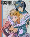  2boys :o aqua_eyes arm_on_another&#039;s_shoulder black_hair blonde_hair blue_eyes blunt_bangs bob_cut braid bruno_bucciarati bug character_name chromatic_aberration cleavage_cutout clothing_cutout earrings english_text film_grain giorno_giovanna hair_ornament hairclip hand_on_another&#039;s_waist highres hug jacket jewelry jojo_no_kimyou_na_bouken ladybug ladybug_ornament long_hair male_focus multiple_boys pants pink_jacket short_hair stud_earrings tami_tome_mo vento_aureo victory_rolls white_jacket zipper 