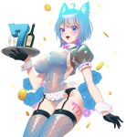  1girl ahoge alcohol alternate_costume animal_ear_piercing animal_ears black_garter_belt black_gloves black_jacket blue_eyes blue_flower blue_hair blue_leotard blue_rose blue_thighhighs blush bottle bow bowtie breasts buren champagne champagne_flute coin commentary_request covered_navel covered_nipples cowboy_shot cropped_jacket cup dog_ears dog_girl drinking_glass earrings fake_tail fishnet_thighhighs fishnets flower garter_belt gloves heart heart_earrings highres holding holding_tray jacket jewelry large_breasts leg_tattoo leotard looking_at_viewer medium_hair nanashi_inc. open_mouth pink_bow pink_bowtie puffy_short_sleeves puffy_sleeves rabbit_tail rose short_sleeves simple_background single_earring smile solo souya_ichika tail tattoo thighhighs tray virtual_youtuber white_background wrist_cuffs 