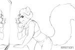  ailurid anthro bastion bottomwear clothing female hand_on_head hi_res horn hybrid mammal mephitid mirror multi_head pants red_panda skanderp skunk solo standing topwear 