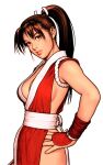  1girl arm_guards bare_shoulders blush breasts brown_eyes brown_hair capcom_vs_snk_2 cleavage cropped facing_to_the_side fatal_fury game_cg hand_on_own_hip high_ponytail highres japanese_clothes large_breasts long_hair mori_toshiaki motoyui ninja non-web_source official_art parted_lips ponytail realistic revealing_clothes rope shiranui_mai sideboob sleeveless snk solo standing teeth upper_body wrist_guards 