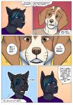airam anthro black_body black_fur black_hair blue_eyes blush brown_eyes canid canine canis cartoon_eyes close-up clothing comic dialogue domestic_dog duo ear_piercing ear_ring ellipsis english_text eyebrow_through_hair eyebrows fur gaikotsu hair heart_symbol hi_res highlights_(coloring) male mammal open_mouth piercing ring_piercing shirt smile t-shirt tan_body tan_fur tauski text thinking thought_bubble thoughtful_expression topwear translucent translucent_hair wavy_mouth wide_eyed wolf worried worried_face worried_look