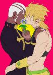  2boys birthmark black_shirt blonde_hair cassock closed_eyes colored_eyelashes crop_top dark-skinned_male dark_skin dio_brando ear_birthmark enrico_pucci flower flower_over_mouth flower_to_mouth hand_on_another&#039;s_hip hand_on_another&#039;s_shoulder highres joestar_birthmark jojo_no_kimyou_na_bouken lighthouse_(lt_yummy) male_focus medium_hair multiple_boys muscular muscular_male pants passion_flower pink_background priest purple_flower scar scar_on_neck shirt short_hair sleeves_past_wrists stone_ocean very_short_hair white_flower white_hair yaoi yellow_background yellow_pants 
