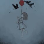  1girl balloon bird brown_hair commentary crow dress floating highres kapura long_sleeves no_shoes original short_dress socks solo suicide white_dress white_socks 