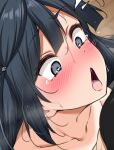  1boy 1girl black_hair blush close-up collarbone drooling grey_eyes heart heart-shaped_pupils heavy_breathing implied_sex long_hair love_live! love_live!_nijigasaki_high_school_idol_club nude on_person open_mouth saliva short_hair sweat symbol-shaped_pupils tearing_up tongue wide-eyed yopparai_oni yuki_setsuna 