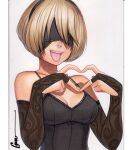  1girl 2b_(nier:automata) black_blindfold black_hairband blindfold blonde_hair breasts cleavage covered_eyes elbow_gloves gloves hairband lips mole mole_under_mouth nier:automata nier_(series) no_blindfold omar_dogan short_hair solo tongue tongue_out 