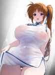  1girl arm_behind_back bare_shoulders blush breasts brown_hair censored china_dress chinese_clothes clothes_lift covered_navel covered_nipples dress dress_lift female_pubic_hair from_below hair_ribbon heart heart_censor huge_breasts lifting_own_clothes long_hair looking_at_viewer looking_down lyrical_nanoha mahou_shoujo_lyrical_nanoha_strikers no_bra no_panties open_mouth pelvic_curtain pubic_hair purple_eyes pussy ribbon see-through_clothes see-through_dress side_ponytail sleeveless sleeveless_dress smile solo standing sweat takamachi_nanoha very_long_hair wet wet_clothes wet_dress white_dress yokoyama_kouji 