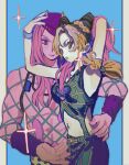  1boy 1girl black_hair blonde_hair braid bun_with_braided_base cone_hair_bun double_bun fishnet_top fishnets green_eyes green_lips hair_bun hand_on_another&#039;s_head hand_on_another&#039;s_waist hat hetero highres horned_hat jojo_no_kimyou_na_bouken kujo_jolyne lipstick long_hair looking_at_another makeup midriff multicolored_hair muscular muscular_male narciso_anasui pink_eyes pink_hair sparkle spider_web_print stone_ocean tami_tome_mo two-tone_hair 