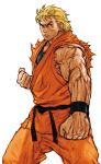  1boy belt black_belt black_undershirt blonde_hair capcom_vs_snk_2 clenched_hands dougi fighting_stance game_cg highres male_focus martial_arts_belt muscular nishimura_kinu non-web_source official_art orange_dougi ryou_sakazaki ryuuko_no_ken scowl sleeveless snk solo torn_clothes torn_sleeves v-shaped_eyebrows veins veiny_arms veiny_hands wristband 