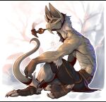 anthro black_bars claws clothed clothing feet fingers hair hi_res kredri leg_armor letterbox male mammal sitting smoking soles solo tail toes yaraga