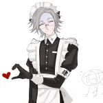  1boy ^_^ aotsuki_eito apron armor black_gloves breast_pocket buttons closed_eyes commentary crossdressing doodle_inset english_commentary facing_viewer gakuran glasses gloves grey_hair half-heart_hands head_tilt heart maid maid_apron maid_headdress male_focus male_maid pocket protected_link ropi_(gmkr_66) school_uniform short_hair simple_background smile solo sweatdrop the_hundred_line_-last_defense_academy- upper_body white_armor white_wrist_cuffs wrist_cuffs 