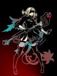  1girl 2b_(nier:automata) 2b_(nier:automata)_(cosplay) black_blindfold black_dress black_gloves black_thighhighs blindfold blonde_hair braid cleavage_cutout clothing_cutout cosplay covered_eyes dress final_fantasy final_fantasy_xii full_body gloves long_hair long_sleeves mochi_(hanamaruudondesu) penelo puffy_sleeves solo thighhighs twin_braids twintails weapon 