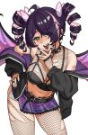  1girl :d alternate_costume alternate_eye_color alternate_hair_color animal_collar antenna_hair armpit_crease armpits asymmetrical_bangs bare_shoulders belt belt_buckle bent_over black_belt black_bustier black_collar black_jacket black_panties black_trim black_wings breasts buckle bustier cleavage collar collarbone colored_inner_hair commentary commission contrapposto cowboy_shot dot_nose drill_hair ear_piercing earrings english_commentary exposed_pocket eyebrows_hidden_by_hair eyeliner eyes_visible_through_hair facial_mark facial_tattoo fashion_style_request fingerless_gloves fingernails fishnet_gloves fishnet_pantyhose fishnet_top fishnets frilled_skirt frills gloves green_eyes grin hair_ornament hair_over_one_eye hairclip half-closed_eyes half-skirt hand_on_own_chin hand_on_own_hip head_tilt highleg highleg_panties ichika_maia indie_virtual_youtuber jacket jewelry karassawa large_breasts leaning_forward leaning_to_the_side leather_belt legs_apart long_eyelashes long_fingernails long_hair long_sleeves looking_at_viewer makeup merchandise_available microskirt midriff multicolored_hair multiple_piercings multiple_rings narrowed_eyes navel o-ring_strap off_shoulder open_clothes open_hand open_jacket open_mouth panties panty_straps pantyhose parted_bangs piercing pink_hair pink_streaks plaid_clothes plaid_skirt pubic_tattoo puffy_long_sleeves puffy_sleeves purple_eyeliner purple_hair purple_jacket purple_nails purple_skirt purple_wings raised_eyebrows raised_inner_eyebrows ring shoulder_tattoo sidelocks simple_background single_hair_streak skirt smile solo spiked_collar spikes spread_wings standing star_(symbol) star_facial_mark star_hair_ornament star_tattoo straight-on streaked_hair stud_earrings studded_belt tattoo teeth thick_eyelashes thick_thighs thighs tongue tongue_out tongue_piercing torn_clothes torn_pantyhose tsurime twin_drills two-sided_fabric two-sided_jacket two-tone_hair two-tone_wings underwear white_background wide_hips wing_hair_ornament wings 