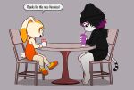 absurd_res alternative_fashion anthro barefoot beverage bottomwear chair clothing cotton_tail cream_the_rabbit dessert domestic_cat dress drinking drinking_straw duo e254e emo eye_bags feet felid feline felis female food furniture glass gratitude happy hi_res ice_cream lagomorph leporid mammal minidress rabbit sega skirt skullcap sonic_the_hedgehog_(series) table veronica_(e254e)