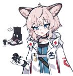  1girl 1other ahoge ambiguous_gender animal_ears arknights blue_eyes commentary doctor_(arknights) fox_ears fox_girl giant giantess gloves grey_hair hmrsh infection_monitor_(arknights) open_mouth sussurro_(arknights) white_background white_gloves 