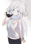  1girl absurdres black_pants blue_eyes blue_scarf bracelet breasts closed_mouth commentary_request cowboy_shot deux_murasame freckles frown grey_background grey_hair gundam gundam_gquuuuuux highres holding holding_mask jewelry long_hair looking_at_viewer mask pants scarf sideless_sweater skinny sleeveless sleeveless_sweater small_breasts solo sweater unworn_mask very_long_hair white_background white_sweater xexu4577 