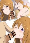  1boy 1girl absurdres after_sex ass bar_censor blush breasts brown_hair censored censored_anus clenched_teeth completely_nude cum cum_on_bed cum_on_body cum_on_legs cum_on_penis cumdrip fellatio hand_on_another&#039;s_face hetero highres irrumatio konoe_kanata large_breasts long_hair looking_at_penis love_live! love_live!_nijigasaki_high_school_idol_club male_pubic_hair multiple_views nude on_bed one_eye_closed oral penis pillow pillow_grab pubic_hair purple_eyes sweat tearing_up teeth tongue wavy_mouth zasshoku_ojisan 