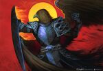  1boy animal_head armor aura beak bird_boy cowboy_shot deviantart_logo deviantart_username elden_ring elden_ring_nightreign feathered_wings from_side guardian_(elden_ring) halo highres holding holding_shield instagram_logo instagram_username red_background shield signature solo thefearmaster wings yellow_halo 