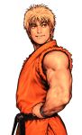 1boy belt black_belt black_undershirt blonde_hair capcom_vs_snk_2 dougi facing_to_the_side game_cg hand_on_own_hip highres looking_to_the_side male_focus martial_arts_belt mori_toshiaki muscular non-web_source official_art orange_dougi parted_lips raised_eyebrow ryou_sakazaki ryuuko_no_ken sleeveless smile snk solo teeth torn_clothes torn_sleeves upper_teeth_only wristband 