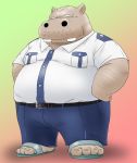  2020 anthro belly bottomwear clothing footwear hippopotamid kemono male mammal overweight overweight_male pants sandals shirt simple_background solo topwear toshi_(artist) 