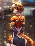  animal_ears arknights ass backless_dress backless_outfit bangs bridal_gauntlets building china_dress chinese_clothes dress english_text filthywoooof furry glass_wall heart highres looking_back multicolored_hair orange_fur pelvic_curtain streaked_hair tail tiger_ears tiger_girl tiger_stripes tiger_tail waai_fu_(arknights) white_fur 